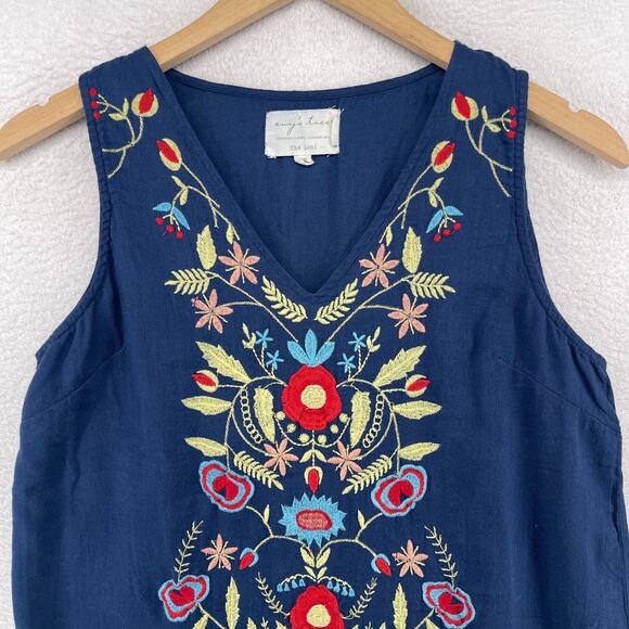 EVYS TREE Tank Top XS Loni Floral V-Neck Ruffle Hem Boho Peasant Cotton Blue - Picture 2 of 12